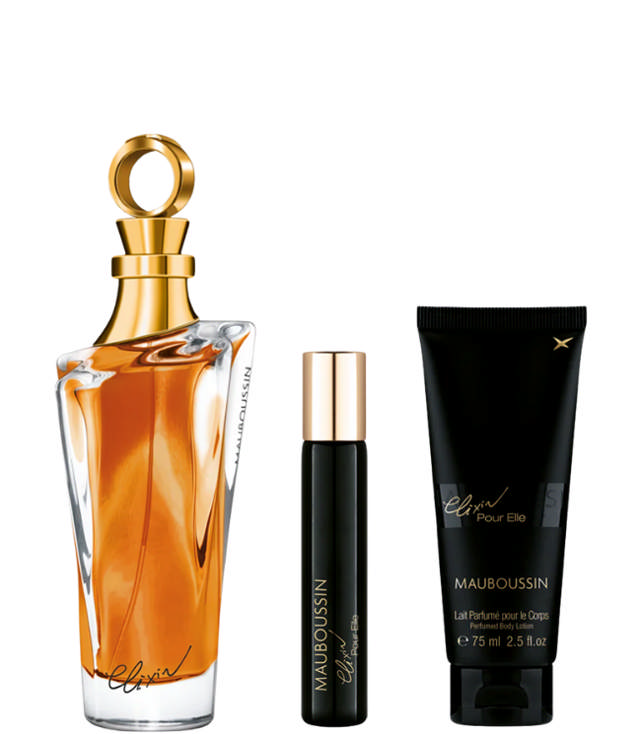 Mauboussin Elixir Pour Elle Set: EDP 100 ml. + Body Lotion 75 ml. + Travel Spray EDP 20 ml. + Shiny Gold Mauboussin Pouch