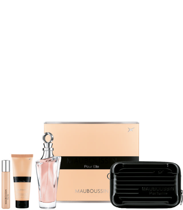 Mauboussin Pour Elle Set: EDP 100 ml. + Body Lotion 75 ml. + Travel Spray EDP 20 ml. + Glossy Black Mauboussin Pouch